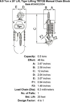 Tiger Lifting Industrial Chain Blocks 35 Tiger Lifting Industrial Chain Blocks -E-rigging Store 0 5 ton x 20 lift tiger lifting tr7cb manual chain block specification diagram