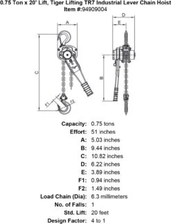 Tiger Lifting Industrial Lever Chain Hoists -E-rigging Store 0 75 ton x 20 lift tiger lifting tr7 industrial lever chain hoist specification diagram