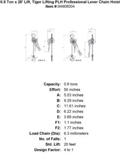 Tiger Lifting Professional Lever Chain Hoists -E-rigging Store 0 8 ton x 20 lift tiger lifting plh professional lever chain hoist specification diagram