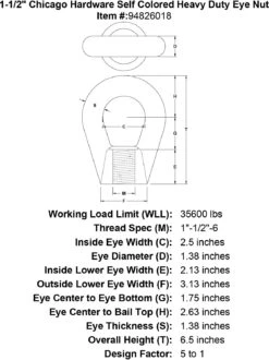 Chicago Hardware Self Colored Heavy Duty Eye Nuts -E-rigging Store 1 1 2 chicago hardware self colored heavy duty eye nut specification diagram