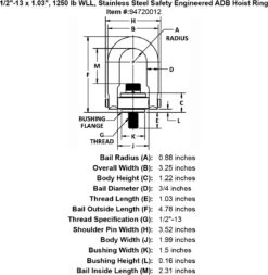 Stainless Safety Engineered Swivel Hoist Rings -E-rigging Store 1 2 13 x 1 03 1250 lb Stainless Steel Safety Engineered Hoist Ring specification diagram