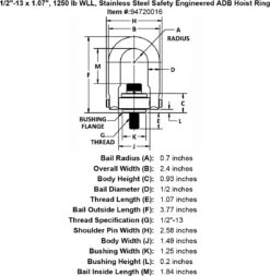 Stainless Safety Engineered Swivel Hoist Rings -E-rigging Store 1 2 13 x 1 07 1250 lb Stainless Steel Safety Engineered Hoist Ring specification diagram