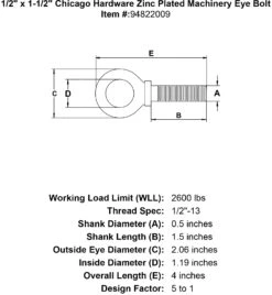 Chicago Hardware Zinc Plated Machinery Eye Bolts -E-rigging Store 1 2 x 1 1 2 chicago hardware zinc plated machinery eyebolt specification diagram