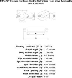 Chicago Hardware Hot Dip Galvanized Hook X Eye Turnbuckles 41 Chicago Hardware Hot Dip Galvanized Hook X Eye Turnbuckles -E-rigging Store 1 2 x 12 chicago hardware hot dip galvanized hook x eye turnbuckle specification diagram