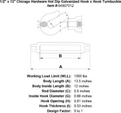 Chicago Hardware Hot Dip Galvanized Hook X Hook Turnbuckles 41 Chicago Hardware Hot Dip Galvanized Hook X Hook Turnbuckles -E-rigging Store 1 2 x 12 chicago hardware hot dip galvanized hook x hook turnbuckle specification diagram