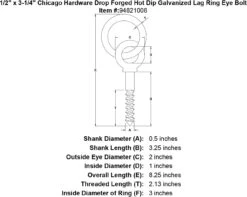 Chicago Hardware Drop Forged Hot Dip Galvanized Lag Screw Ring Eye Bolts -E-rigging Store 1 2 x 3 1 4 chicago hardware drop forged hot dip galvanized lag ring eyebolt specification diagram