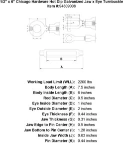Chicago Hardware Hot Dip Galvanized Jaw X Eye Turnbuckles -E-rigging Store 1 2 x 6 chicago hardware hot dip galvanized jaw x eye turnbuckle specification diagram