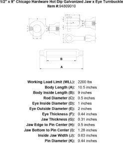 Chicago Hardware Hot Dip Galvanized Jaw X Eye Turnbuckles -E-rigging Store 1 2 x 9 chicago hardware hot dip galvanized jaw x eye turnbuckle specification diagram