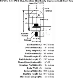 Stainless Safety Engineered Swivel Hoist Rings -E-rigging Store 1 4 20 x 54 275 lb Stainless Steel Safety Engineered Hoist Ring specification diagram