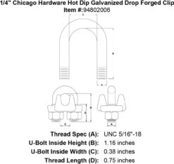 Chicago Hardware Hot Dip Galvanized Drop Forged Clips -E-rigging Store 1 4 chicago hardware hot dip galvanized drop forged clip specification diagram