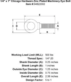 Chicago Hardware Zinc Plated Machinery Eye Bolts -E-rigging Store 1 4 x 1 chicago hardware zinc plated machinery eyebolt specification diagram