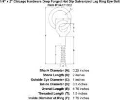 Chicago Hardware Drop Forged Hot Dip Galvanized Lag Screw Ring Eye Bolts -E-rigging Store 1 4 x 2 chicago hardware drop forged hot dip galvanized lag ring eyebolt specification diagram