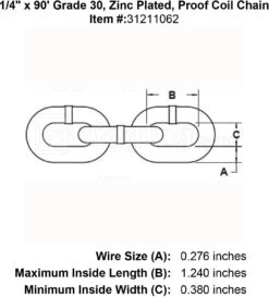 Lynx Grade 30 Zinc Plated Chain -E-rigging Store 1 4 x 90 Grade 30 Zinc Plated Proof Coil Chain specification diagram