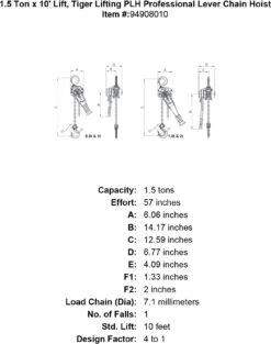 Tiger Lifting Professional Lever Chain Hoists -E-rigging Store 1 5 ton x 10 lift tiger lifting plh professional lever chain hoist specification diagram