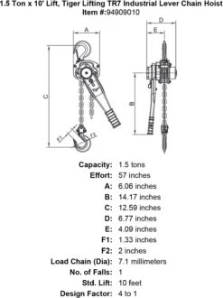 Tiger Lifting Industrial Lever Chain Hoists -E-rigging Store 1 5 ton x 10 lift tiger lifting tr7 industrial lever chain hoist specification diagram