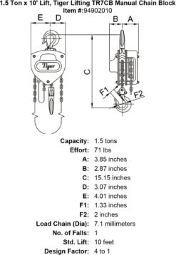 Tiger Lifting Industrial Chain Blocks 36 Tiger Lifting Industrial Chain Blocks -E-rigging Store 1 5 ton x 10 lift tiger lifting tr7cb manual chain block specification diagram