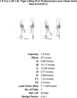 Tiger Lifting Professional Lever Chain Hoists -E-rigging Store 1 5 ton x 20 lift tiger lifting plh professional lever chain hoist specification diagram