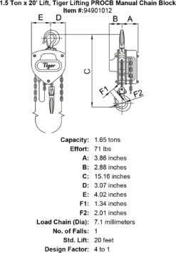 Tiger Lifting Professional Chain Blocks With Overload Protection -E-rigging Store 1 5 ton x 20 lift tiger lifting procb manual chain block specification diagram