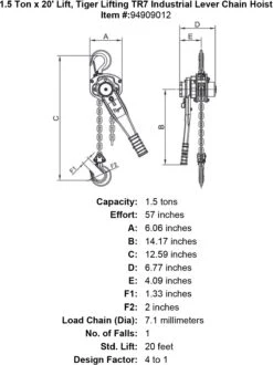 Tiger Lifting Industrial Lever Chain Hoists -E-rigging Store 1 5 ton x 20 lift tiger lifting tr7 industrial lever chain hoist specification diagram