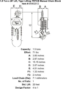 Tiger Lifting Industrial Chain Blocks 37 Tiger Lifting Industrial Chain Blocks -E-rigging Store 1 5 ton x 20 lift tiger lifting tr7cb manual chain block specification diagram