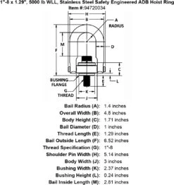 Stainless Safety Engineered Swivel Hoist Rings -E-rigging Store 1 8 x 1 29 5000 lb Stainless Steel Safety Engineered Hoist Ring specification diagram