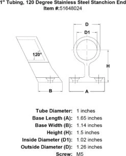 120 Degree Stanchion Ends -E-rigging Store 1 Tubing 120 Degree Stainless Steel Stanchion End specification diagram