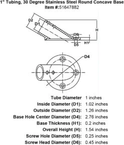 30 Degree Round Base Concave Fittings -E-rigging Store 1 Tubing 30 Degree Stainless Steel Round Concave Base specification diagram