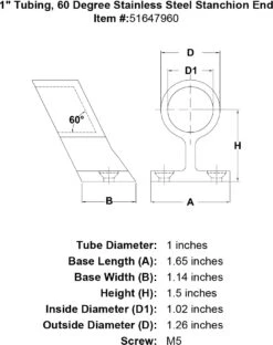 60 Degree Stanchion End Fittings -E-rigging Store 1 Tubing 60 Degree Stainless Steel Stanchion End specification diagram
