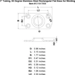 90 Degree Weldable Rectangular Flat Bases -E-rigging Store 1 Tubing 90 Degree Stainless Steel Rectangular Flat Base for Welding specification diagram