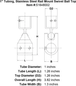 Rail Mounts -E-rigging Store 1 Tubing Stainless Steel Rail Mount Swivel Ball Top specification diagram