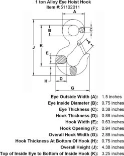 Alloy Eye Hoist Hook 20 Alloy Eye Hoist Hook -E-rigging Store 1 ton Eye Hoist Hook specification diagram