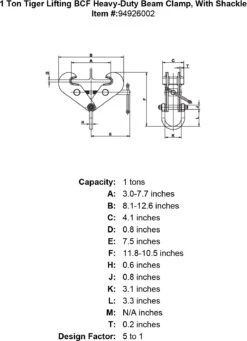 Tiger Lifting Heavy-Duty Beam Clamps -E-rigging Store 1 ton tiger lifting bcf heavy duty beam clamp with shackle specification diagram