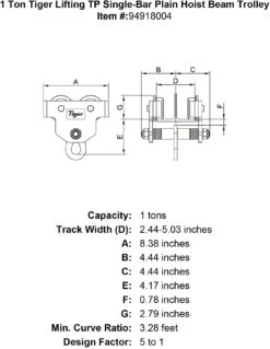 Tiger Lifting Single-Bar Plain Hoist Beam Trolleys 10 Tiger Lifting Single-Bar Plain Hoist Beam Trolleys -E-rigging Store 1 ton tiger lifting tp single bar plain hoist beam trolley specification diagram 4deae2c6 2c29 4106 a597 b44874d0197d