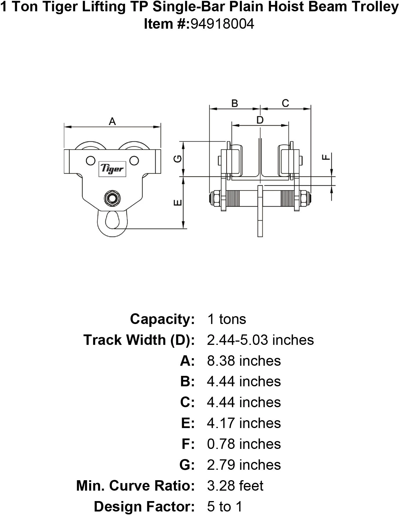 Tiger Lifting Single-Bar Plain Hoist Beam Trolleys 6 Tiger Lifting Single-Bar Plain Hoist Beam Trolleys - Image 4