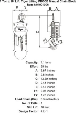 Tiger Lifting Professional Chain Blocks With Overload Protection -E-rigging Store 1 ton x 10 lift tiger lifting procb manual chain block specification diagram