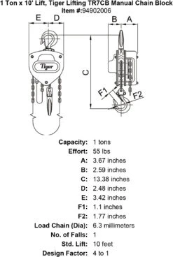 Tiger Lifting Industrial Chain Blocks 38 Tiger Lifting Industrial Chain Blocks -E-rigging Store 1 ton x 10 lift tiger lifting tr7cb manual chain block specification diagram
