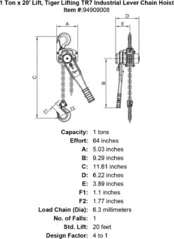 Tiger Lifting Industrial Lever Chain Hoists -E-rigging Store 1 ton x 20 lift tiger lifting tr7 industrial lever chain hoist specification diagram