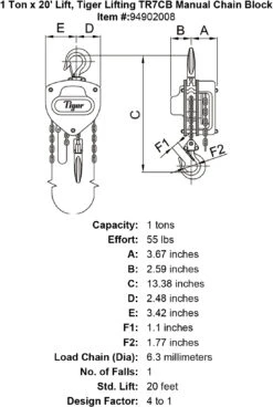 Tiger Lifting Industrial Chain Blocks 39 Tiger Lifting Industrial Chain Blocks -E-rigging Store 1 ton x 20 lift tiger lifting tr7cb manual chain block specification diagram