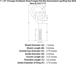 Chicago Hardware Drop Forged Hot Dip Galvanized Lag Screw Ring Eye Bolts -E-rigging Store 1 x 6 chicago hardware drop forged hot dip galvanized lag ring eyebolt specification diagram