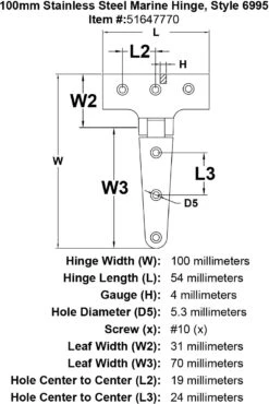 Style 6995 Hinge -E-rigging Store 100mm Stainless Steel Marine Hinge Style 6995 specification diagram