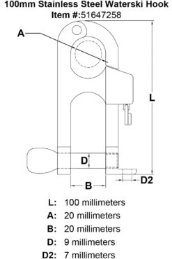 Waterski Fittings -E-rigging Store 100mm Stainless Steel Waterski Hook specification diagram