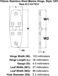 Style 1201 Hinge -E-rigging Store 102mm Stainless Steel Marine Hinge Style 1201 specification diagram