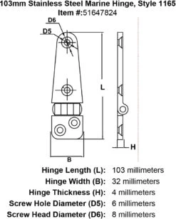 Style 1165 Hinge -E-rigging Store 103mm Stainless Steel Marine Hinge Style 1165 specification diagram