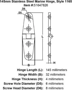 Style 1165 Hinge -E-rigging Store 145mm Stainless Steel Marine Hinge Style 1165 specification diagram