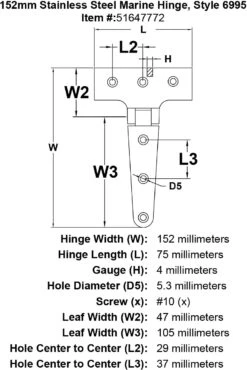 Style 6995 Hinge -E-rigging Store 152mm Stainless Steel Marine Hinge Style 6995 specification diagram