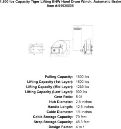 Tiger Lifting Automatic-Brake Hand Winches -E-rigging Store 1800 lbs capacity tiger lifting bhw hand drum winch automatic brake specification diagram