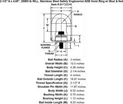 Stainless Safety Engineered Swivel Hoist Rings -E-rigging Store 2 1 2 8 x 4 00 25000 lb Stainless Steel Safety Engineered Hoist Ring Stud Nut specification diagram