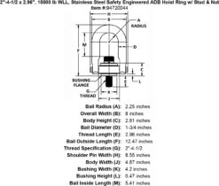 Stainless Safety Engineered Swivel Hoist Rings -E-rigging Store 2 4 1 2 x 2 96 15000 lb Stainless Steel Safety Engineered Hoist Ring Stud Nut specification diagram
