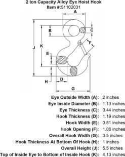 Alloy Eye Hoist Hook 22 Alloy Eye Hoist Hook -E-rigging Store 2 ton Eye Hoist Hook specification diagram