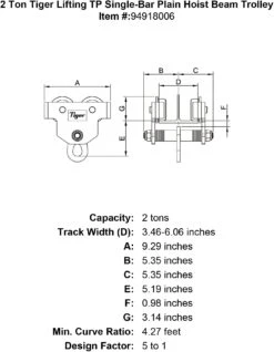 Tiger Lifting Single-Bar Plain Hoist Beam Trolleys 11 Tiger Lifting Single-Bar Plain Hoist Beam Trolleys -E-rigging Store 2 ton tiger lifting tp single bar plain hoist beam trolley specification diagram 49e8335c 4f02 4466 a7e3 09c09e96b78f